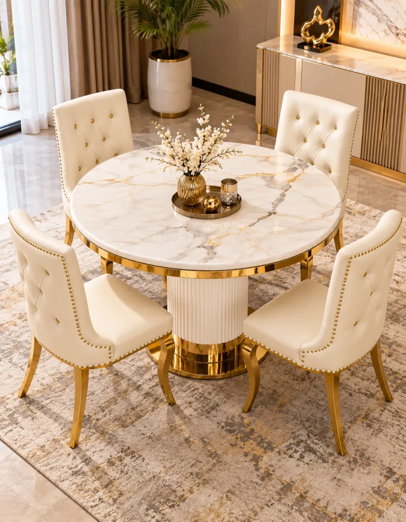 Eloria round marble dining table with gold stainless steel base