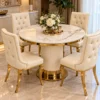 Luxury marble dining table with fluted pedestal and four chairs