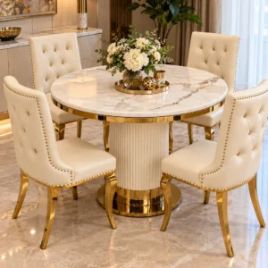 Luxury marble dining table with fluted pedestal and four chairs