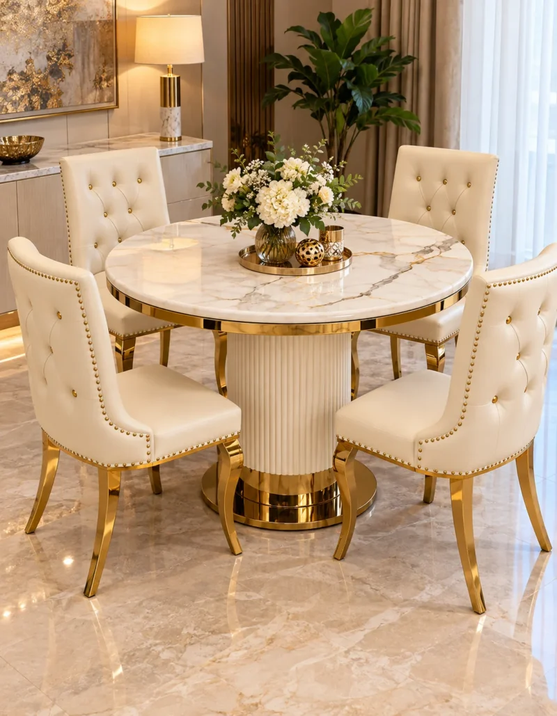 Luxury marble dining table with fluted pedestal and four chairs