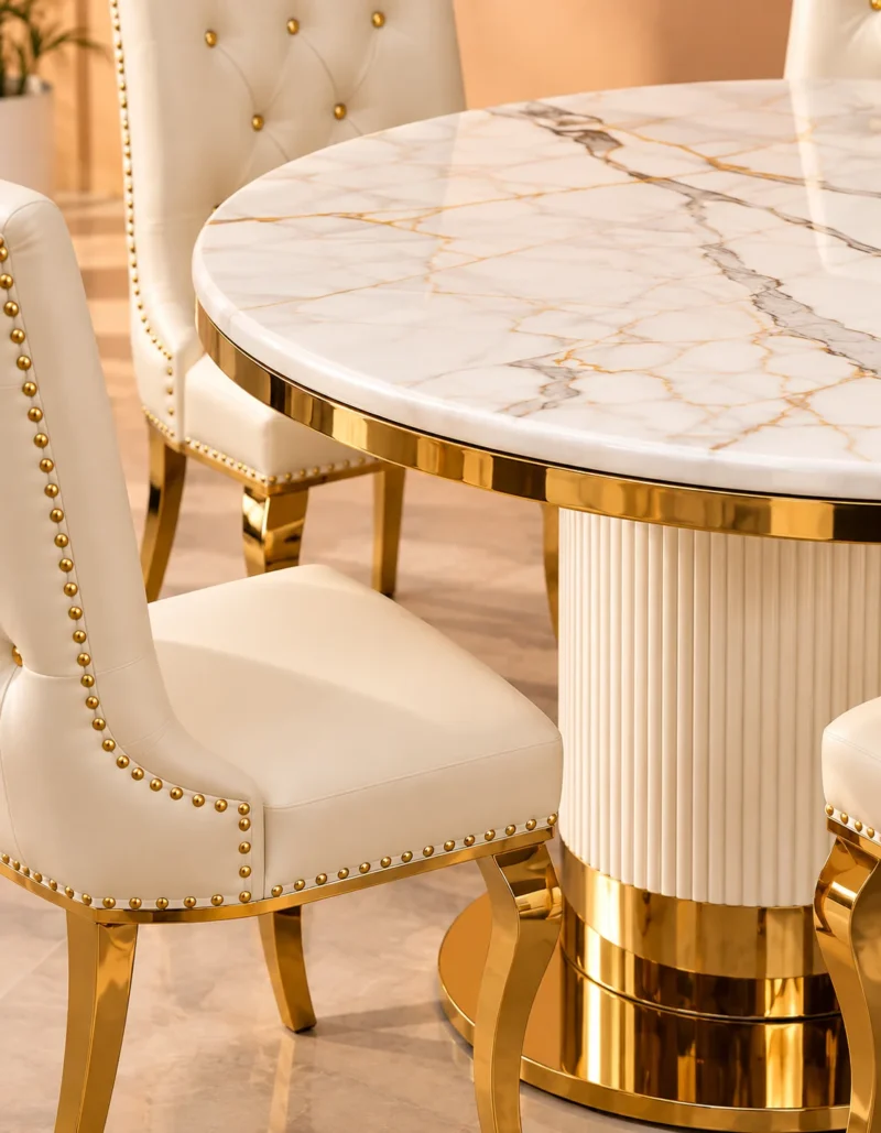 Close up of marble top and fluted dining table pedestal