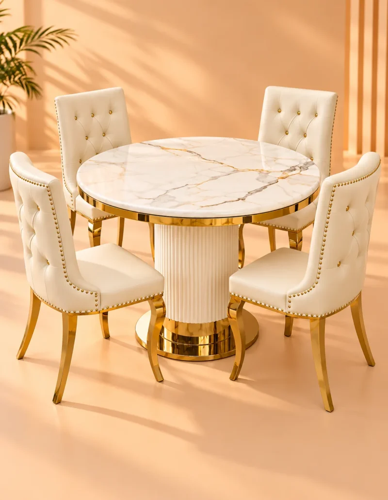Modern 4 seater marble dining table with gold pedestal base