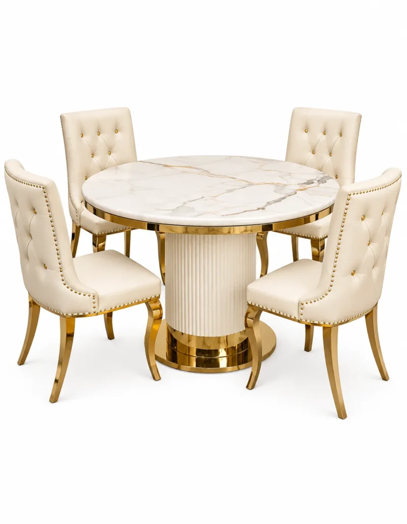 Eloria fluted pedestal marble dining table set on white background