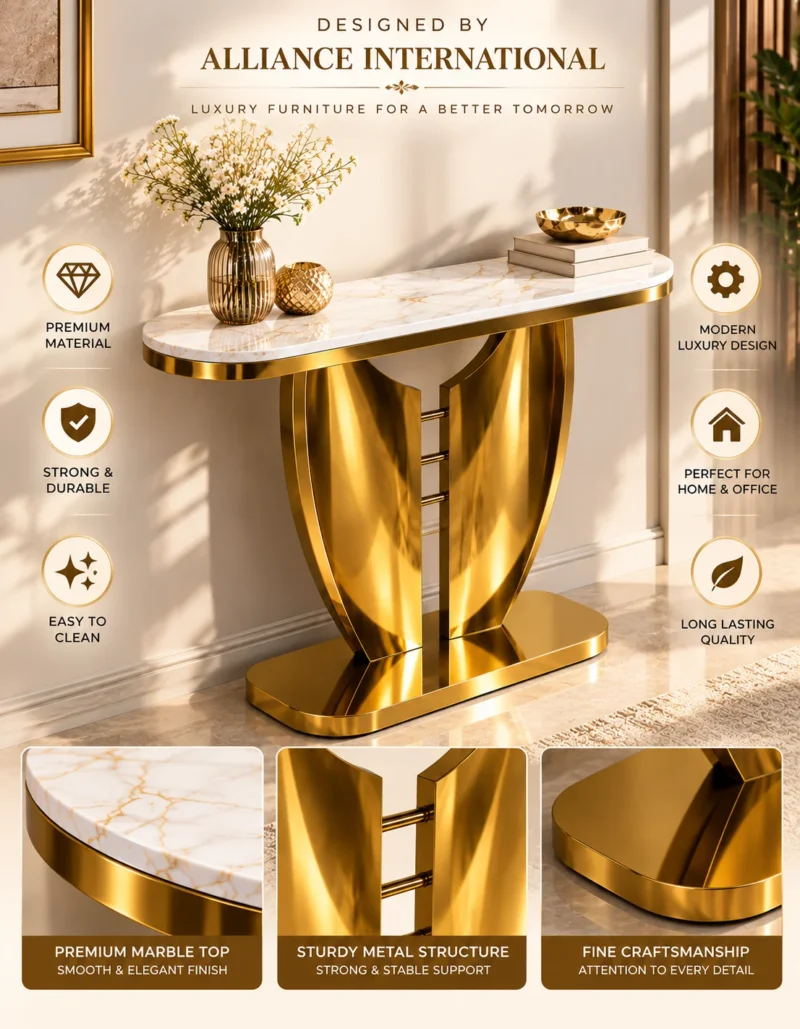 Eloria gold marble console table with sculptural stainless steel base