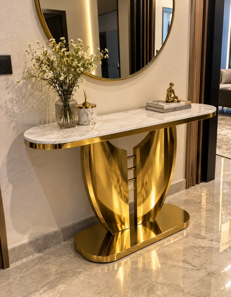Gold marble console table with wing inspired base in entryway