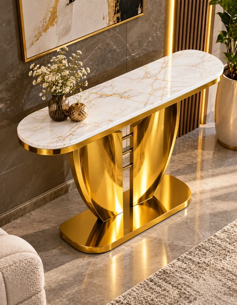 Luxury marble top console table with gold sculptural pedestal