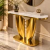 Designer gold console table with marble top for living room