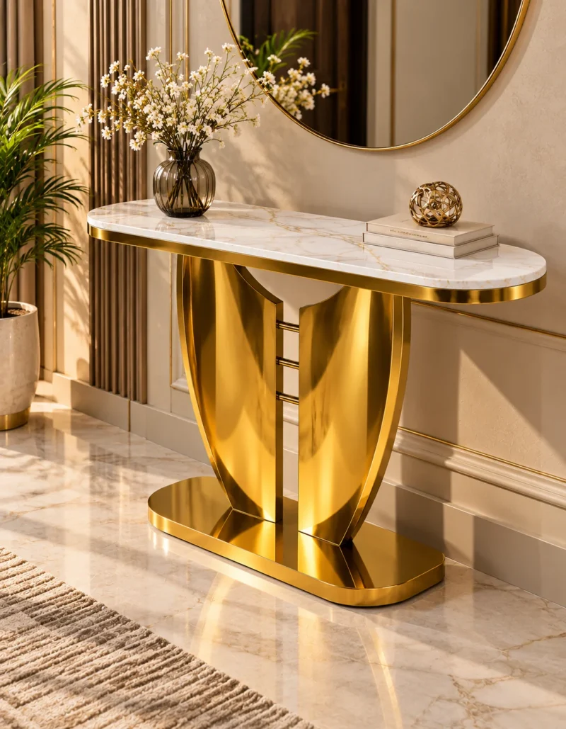 Designer gold console table with marble top for living room