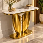 Modern gold marble console table with curved stainless steel base
