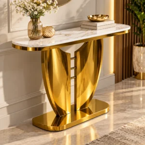Modern gold marble console table with curved stainless steel base