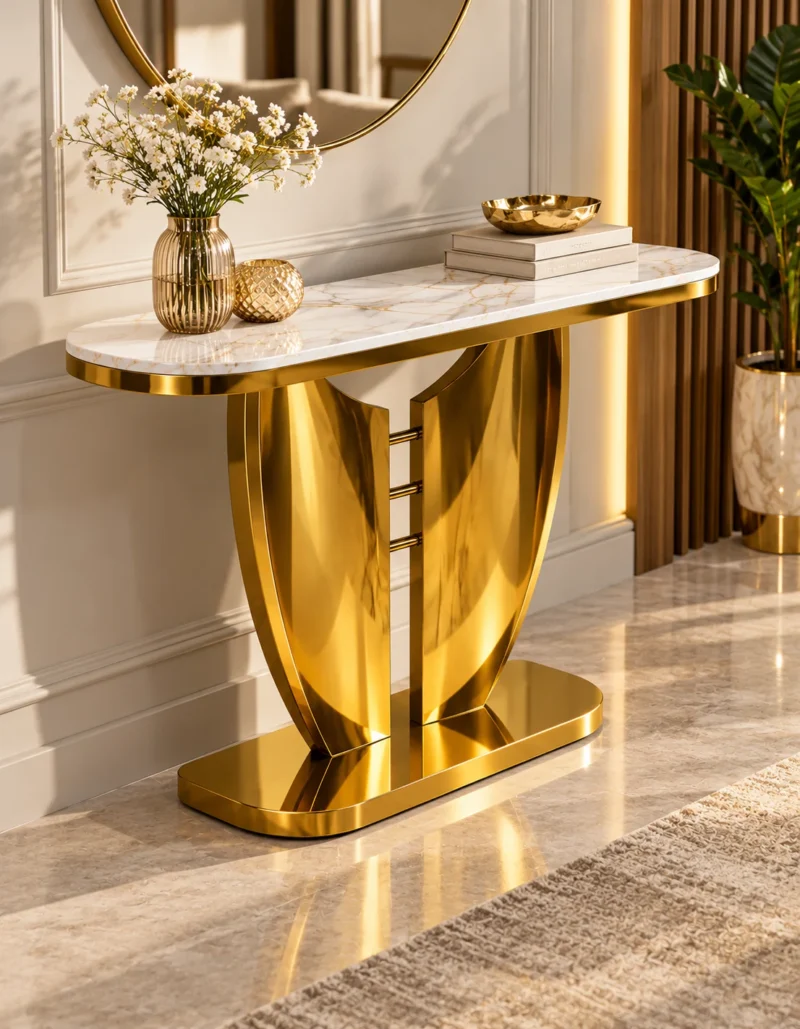 Modern gold marble console table with curved stainless steel base