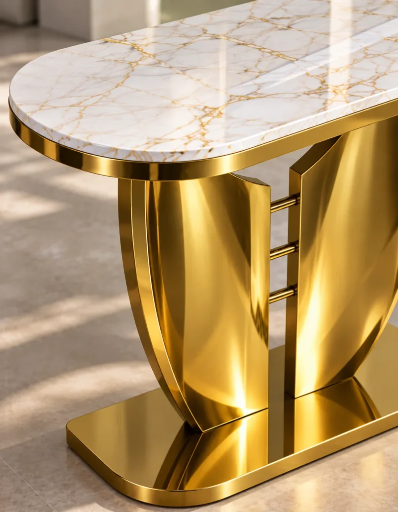 Close up of marble top and gold stainless steel console table base