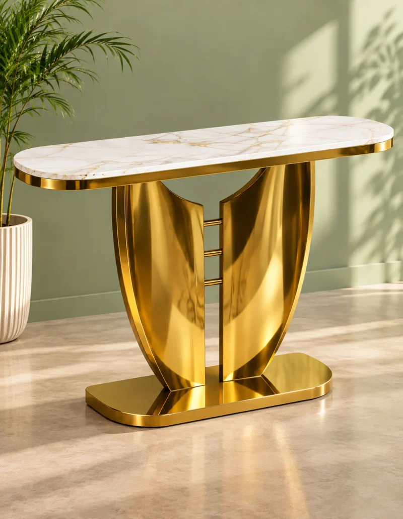 Sculptural gold console table with white marble top