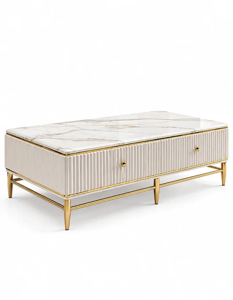 Elvessa Luxe white marble centre table with fluted storage body, gold knobs and gold PVD stainless steel legs on a white background.