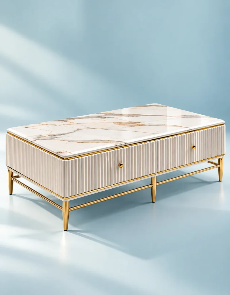 White marble centre table with gold PVD stainless steel frame, ribbed storage body and rectangular top against a light blue studio background.
