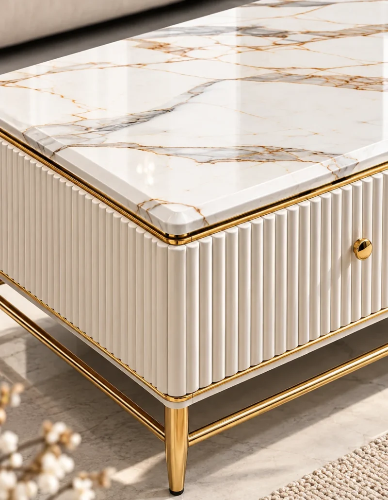 Close-up of white marble centre table showing gold and grey veining, fluted white side panels, gold knob and stainless steel frame.