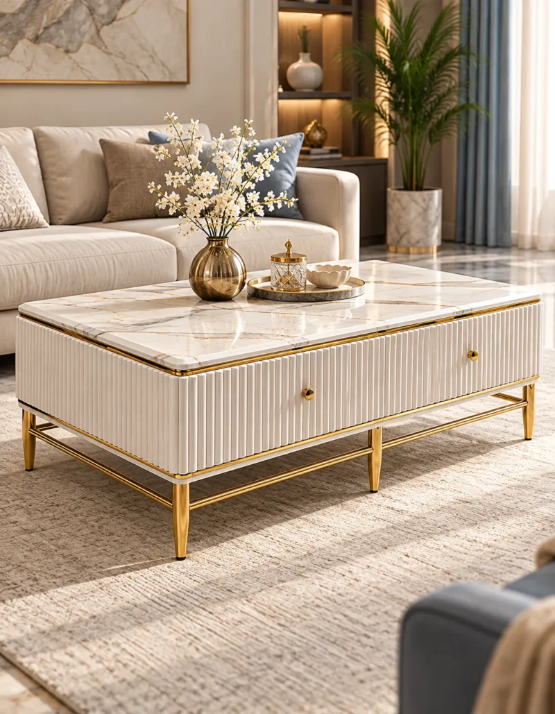 Luxury white marble coffee table with fluted storage panels and gold PVD stainless steel legs in front of a beige sofa.