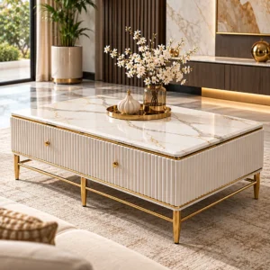 Designer white marble centre table with two gold-knob drawer fronts, fluted panels and gold metal frame in an elegant living room.