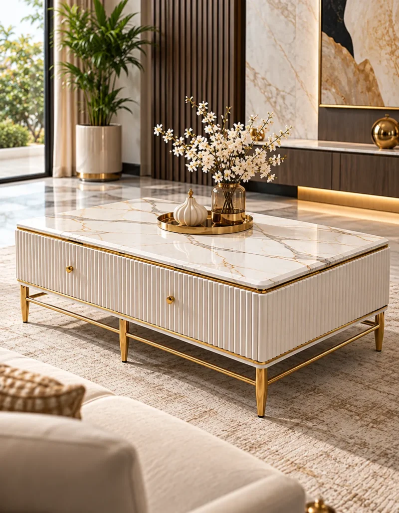 Designer white marble centre table with two gold-knob drawer fronts, fluted panels and gold metal frame in an elegant living room.