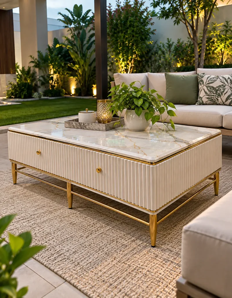 White marble coffee table with gold stainless steel legs and ribbed white body styled beside a cushioned sofa on a garden patio.