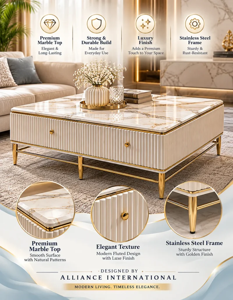 Elvessa Luxe marble centre table features graphic highlighting white marble top, fluted design and gold stainless steel frame.