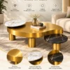 Elvessa Luxe sculptural gold centre table infographic showing stainless steel construction, white marble accent and black marble side surface.