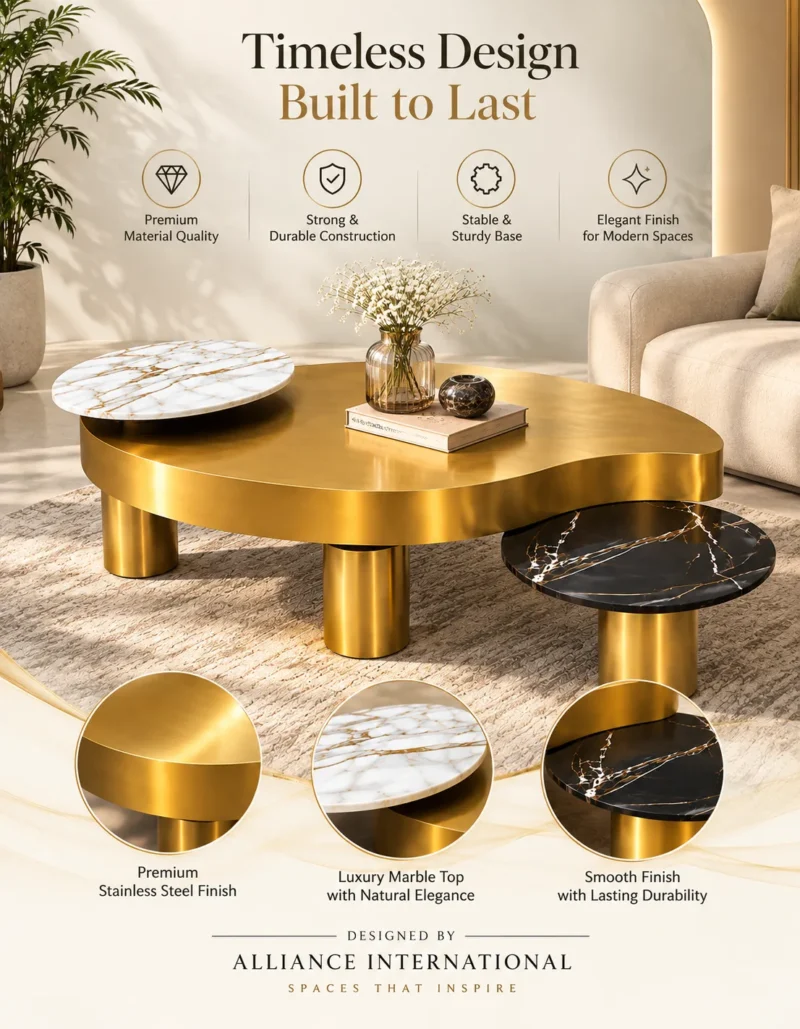 Elvessa Luxe sculptural gold centre table infographic showing stainless steel construction, white marble accent and black marble side surface.