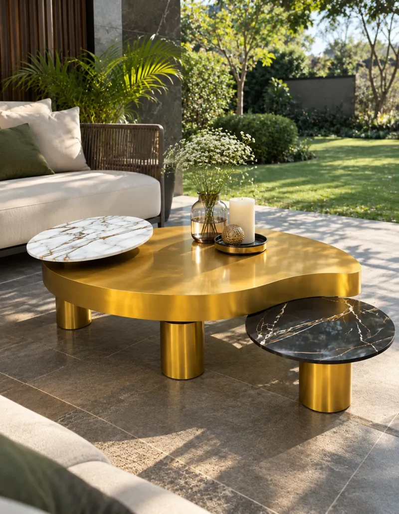 Sculptural gold coffee table with raised white marble accent and lower black marble surface beside a cream sofa in a garden lounge.
