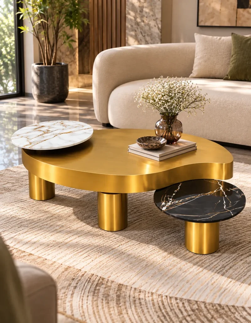 Luxury gold centre table with white and black marble accents displayed in front of a curved cream sofa in a modern living room.
