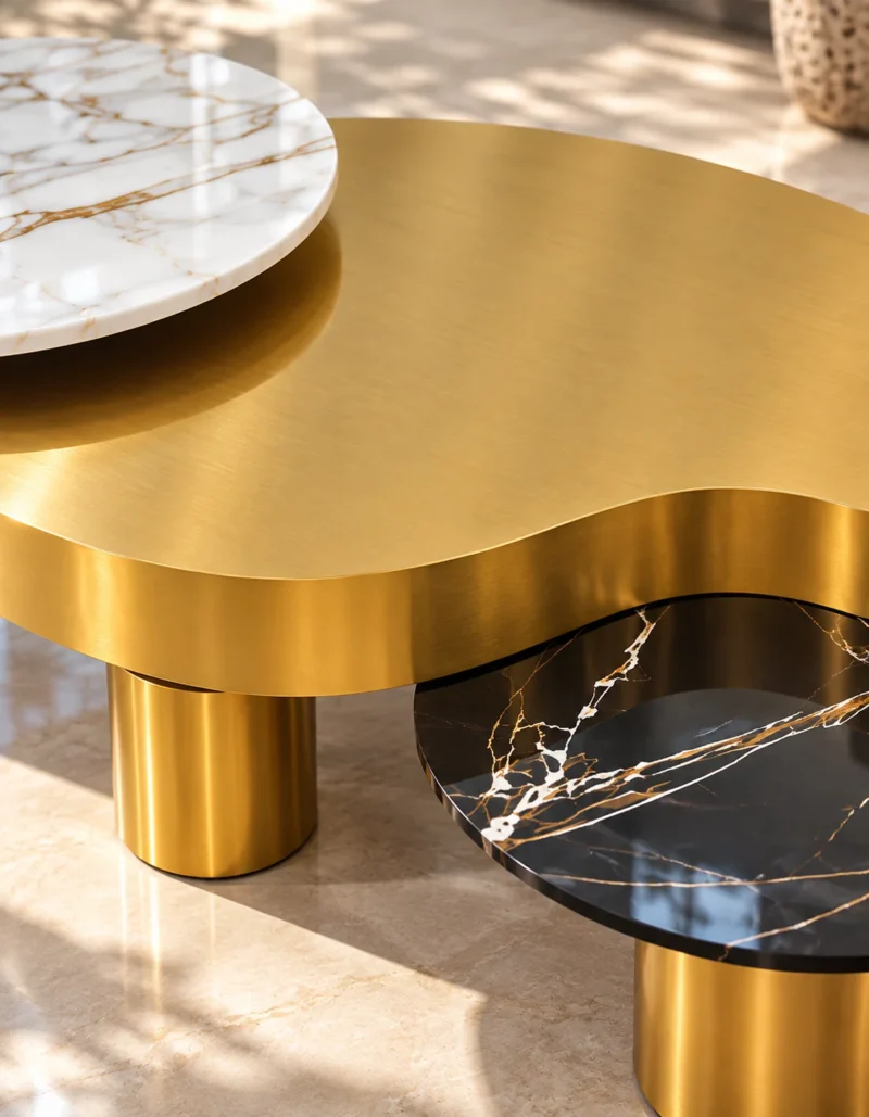 Close-up of brushed gold stainless steel centre tabletop with curved edge, raised white marble accent and black marble side surface.