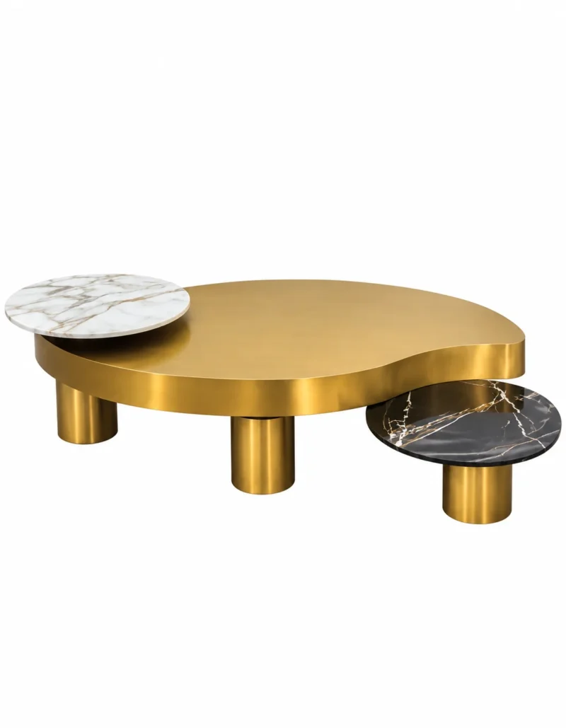 Elvessa Luxe sculptural gold centre table on white background with irregular stainless steel top, white marble accent and black marble side surface.