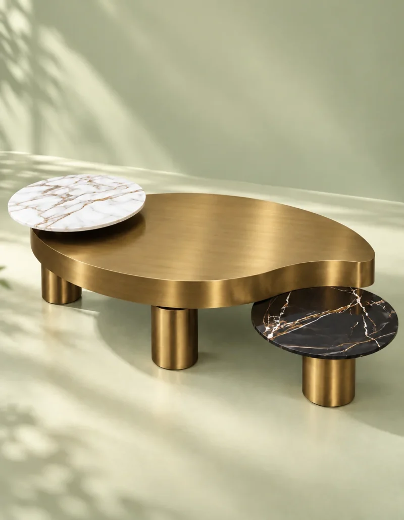 Elvessa Luxe freeform Antique brass centre table with white marble raised accent and black marble side platform against a soft green studio background.