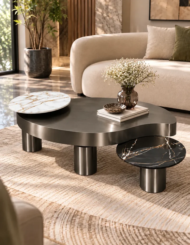 Luxury Gun Metal centre table with white and black marble accents displayed in front of a curved cream sofa in a modern living room.