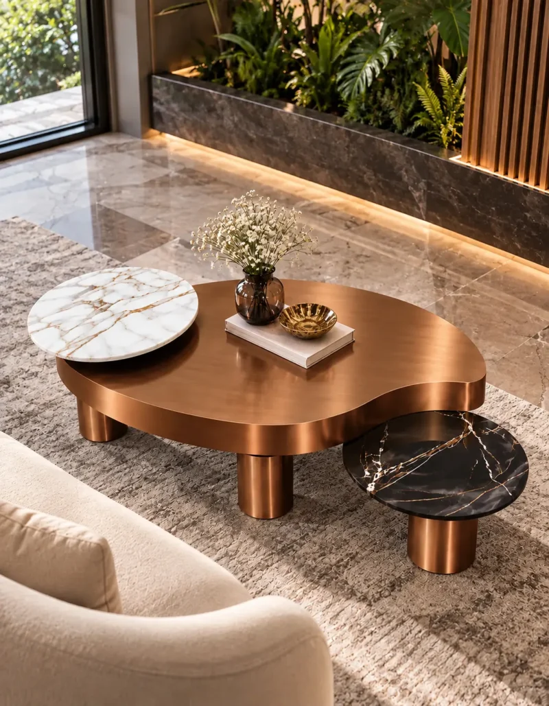 High-angle view of freeform Antique copper centre table featuring a raised white marble disc and black marble side platform on cylindrical legs.