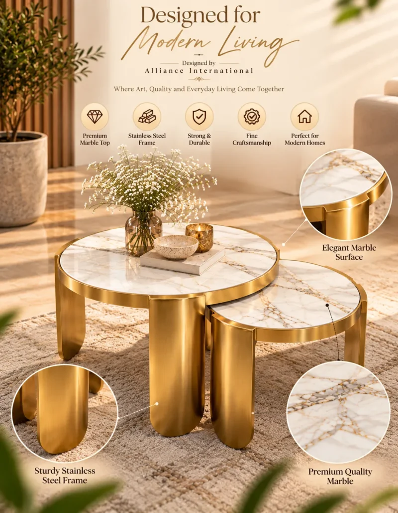 Elvoria Luxe marble nesting centre table set of 2 with white marble tops and gold stainless steel frames in a product features graphic.