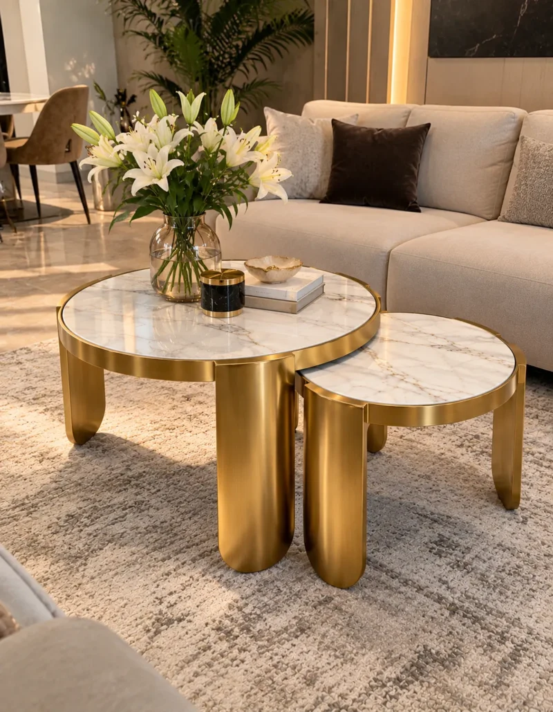 White marble nesting centre table set with gold stainless steel legs in front of a beige sectional sofa and white lilies.