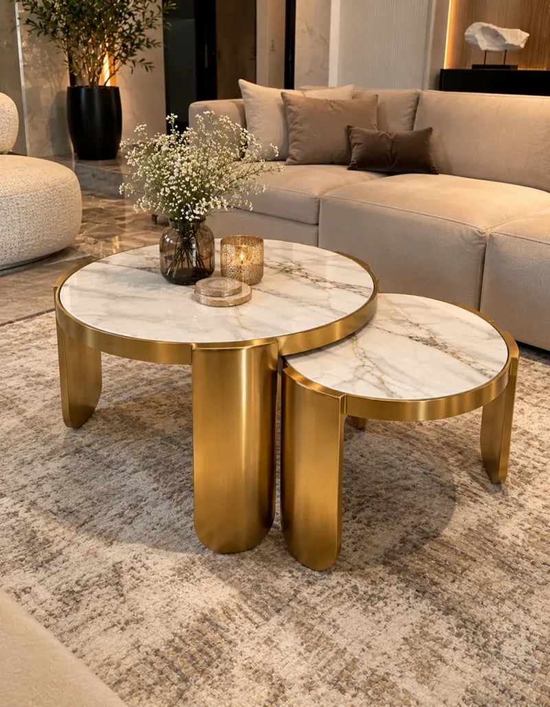 Round marble centre table set of two with white gold-veined tabletops and curved gold stainless steel legs beside a cream sofa.