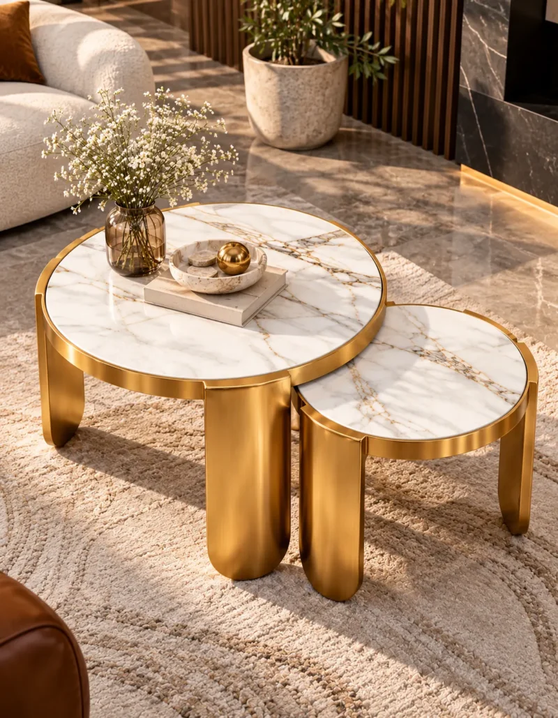 Elevated view of two white marble nesting coffee tables with gold rims, grey veining and curved stainless steel legs.