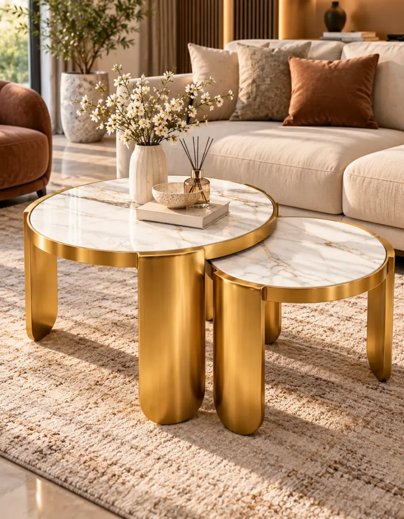 Designer marble coffee table set of two with gold stainless steel frames, styled with flowers and books in a modern lounge.