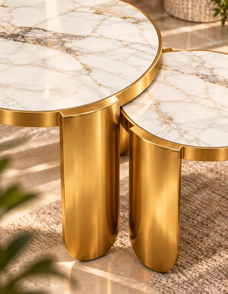 Close-up of white marble nesting centre tables showing gold veining, metallic tabletop rims and curved stainless steel legs.