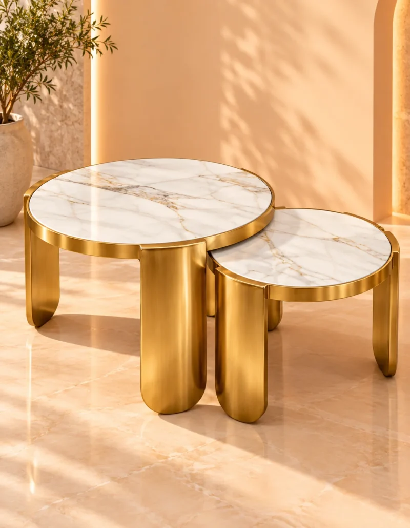Two round white marble nesting tables with gold stainless steel frames against a warm cream studio background.