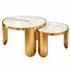 Elvoria Luxe marble nesting centre table set of 2 with round white marble tops and curved gold stainless steel legs on white background.