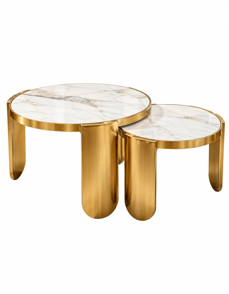 Elvoria Luxe marble nesting centre table set of 2 with round white marble tops and curved gold stainless steel legs on white background.