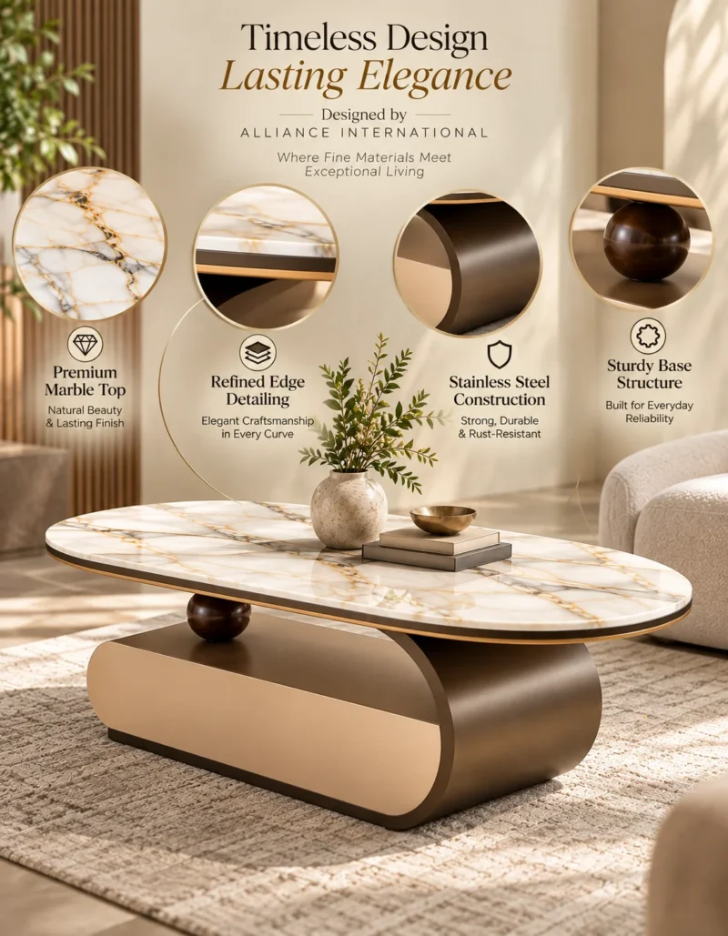 Elvoro oval marble centre table with white veined marble top, curved stainless steel base and decorative spherical support.