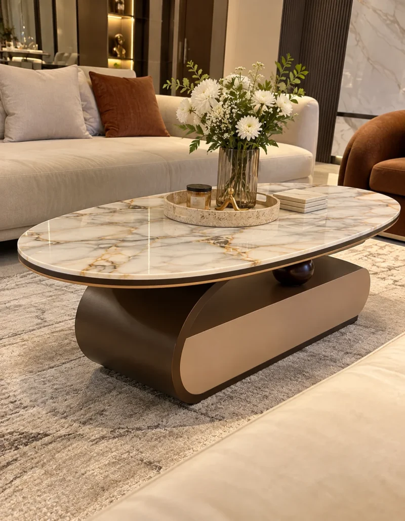 Luxury oval marble centre table with bronze curved base and gold edge accents in front of a cream living room sofa.