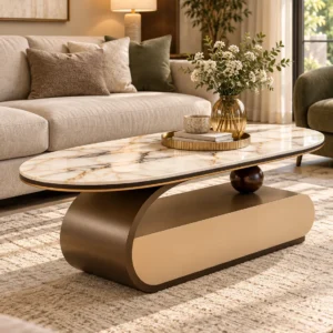 Modern oval marble centre table with gold-trimmed tabletop and curved bronze base beside a beige sofa.