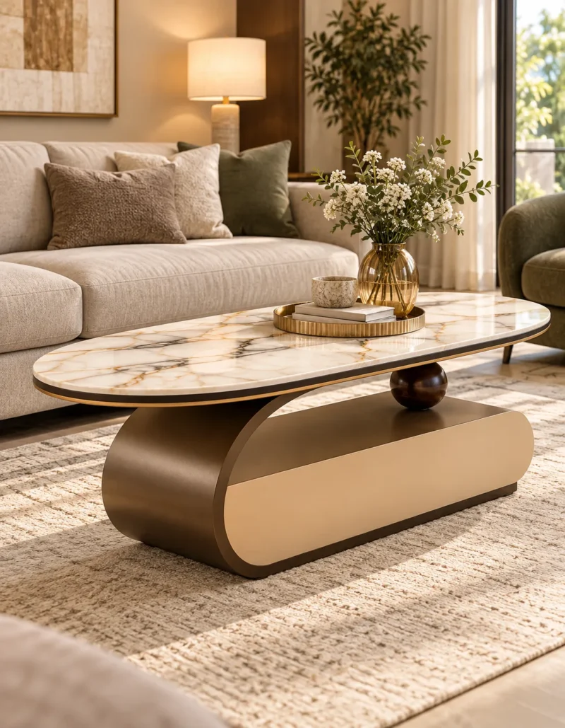 Modern oval marble centre table with gold-trimmed tabletop and curved bronze base beside a beige sofa.