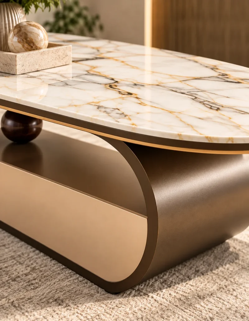 Close-up of white marble centre table with grey and gold veins, gold edge trim and curved stainless steel base.