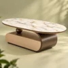 Elvoro oval marble coffee table with sculptural bronze stainless steel base photographed against a light sage studio background.