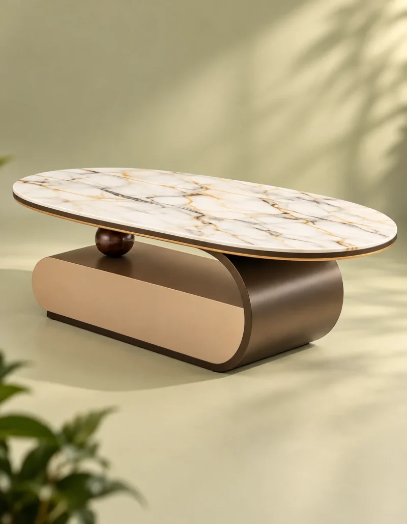 Elvoro oval marble coffee table with sculptural bronze stainless steel base photographed against a light sage studio background.